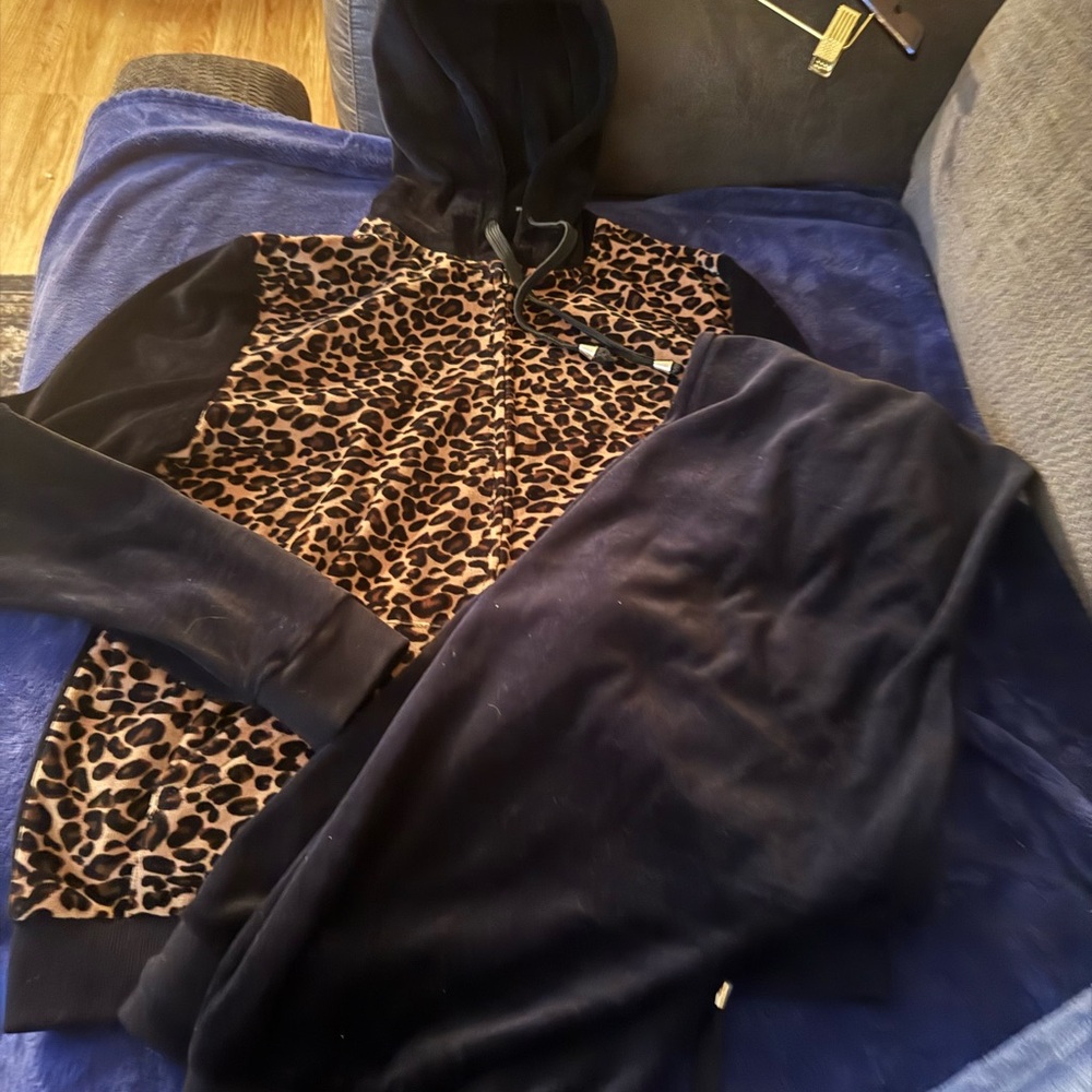 Leopard Print Hoodie and Black Pants Set